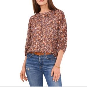 NWT Vince Camuto Keyhole 3/4 Puff Sleeve Blouse Indigo Blue Gold Sz L